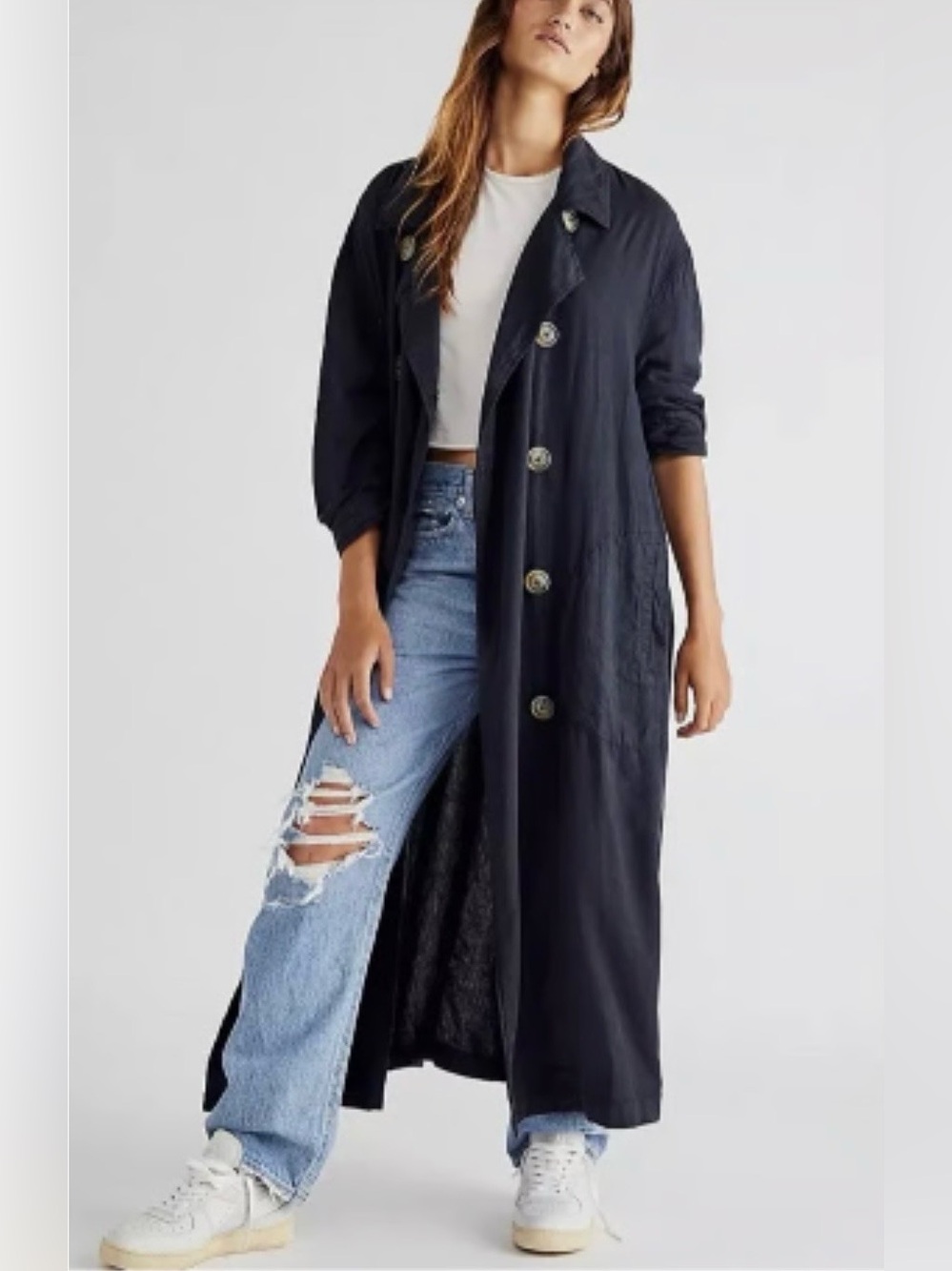 Free People Sweet Melody Trench Coat Black Lightweight Slouchy Linen Blend S-M